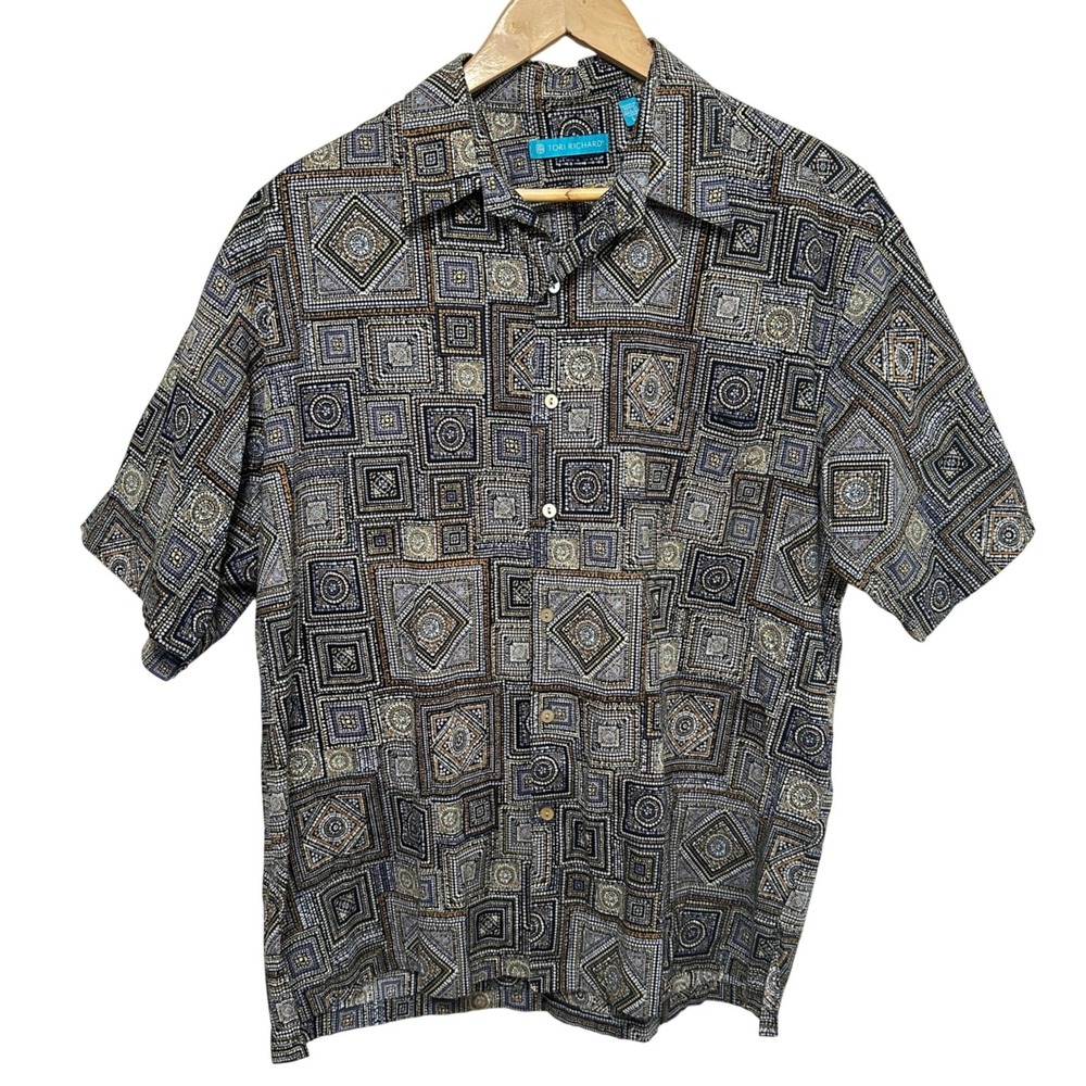 Tori Richard Geometric Mosaic Print Camp Shirt Mens Large Resort Aloha Vacation